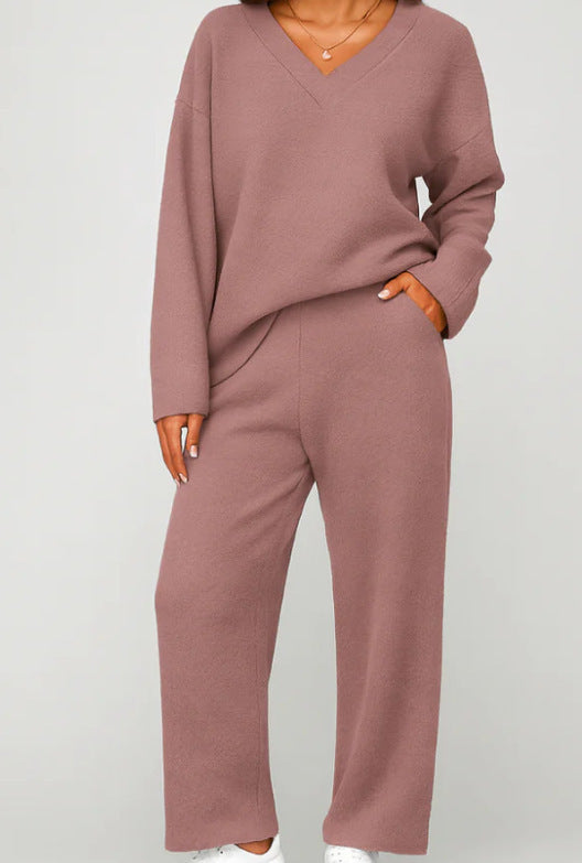 V-neck Wool Loose Pockets Leisure Suit Two-piece Pajamas LadyShow.Store