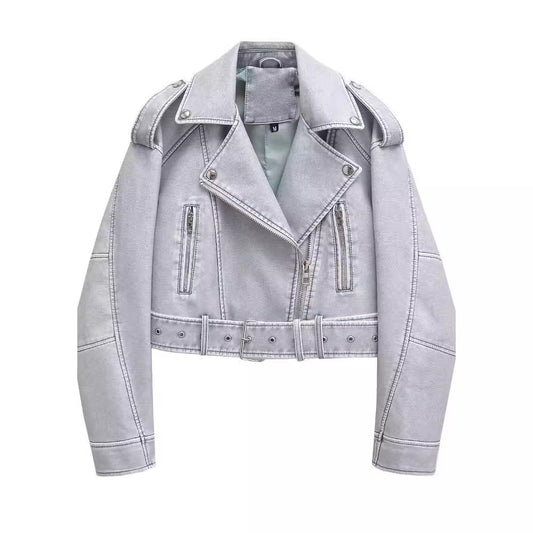 Washed Leather Motorcycle Jacket Women LadyShow.Store