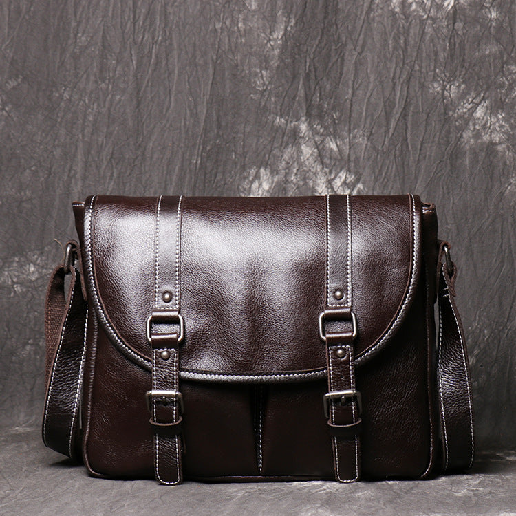 Mens Full-Grain Leather Large-Capacity Shoulder Bag Accent Plus