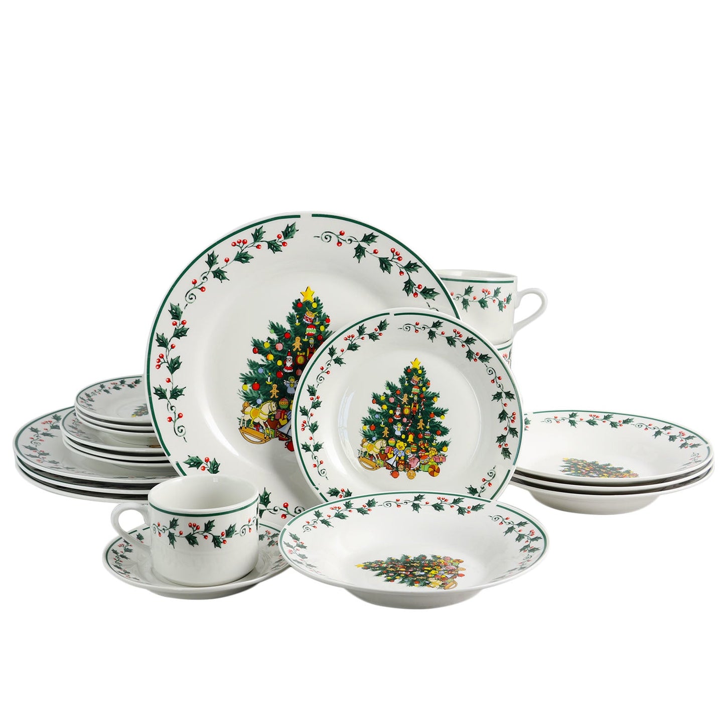 Gibson Home 20 Piece Ceramic Christmas Tree Trimming Dinnerware Set W2B
