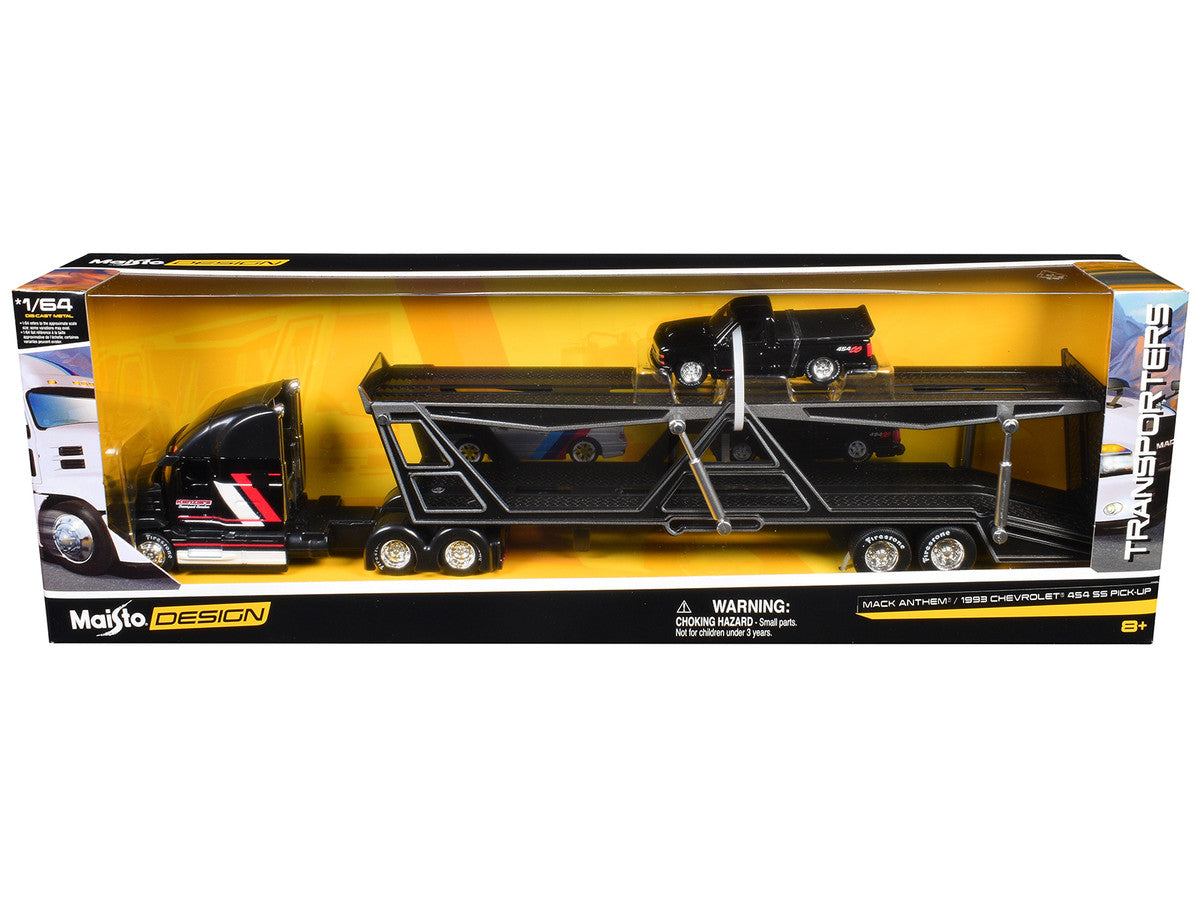 Mack Anthem Open Car Hauler Black with Red and White Stripes "Kenzie's Transport Services" and 1993 Chevrolet 454 SS Pickup Truck Black "Transporters" Series 1/64 Diecast Models by Maisto Maisto