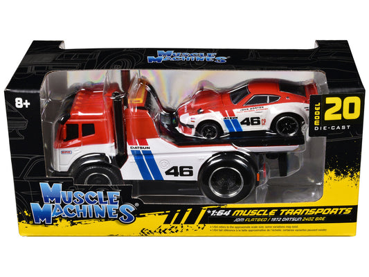 JDM Flatbed Truck #46 Red and White with Blue Stripes and 1972 Datsun 240Z #46 Red and White with Blue Stripes "BRE" "Muscle Transports" Series 1/64 Diecast Models by Muscle Machines Muscle Machines