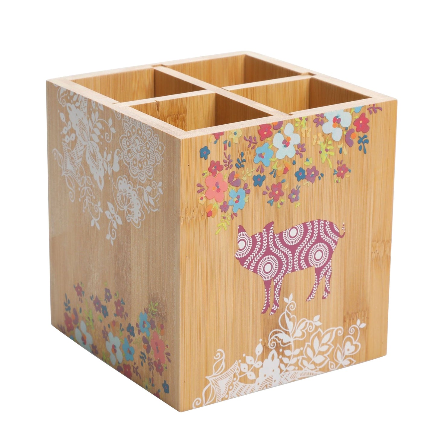 Gibson Urban Market 5.5 Inch Square Bamboo Utensil Holder in Animal and Floral Print W2B