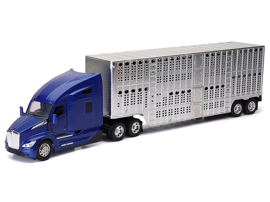 Kenworth T680 Truck Blue Metallic with Livestock Trailer Chrome "Long Haul Trucker" Series 1/32 Diecast Model by New Ray New Ray