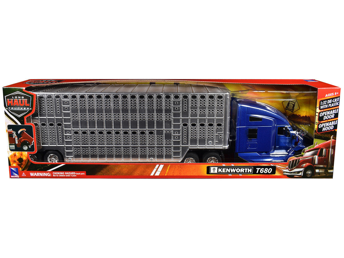 Kenworth T680 Truck Blue Metallic with Livestock Trailer Chrome "Long Haul Trucker" Series 1/32 Diecast Model by New Ray New Ray