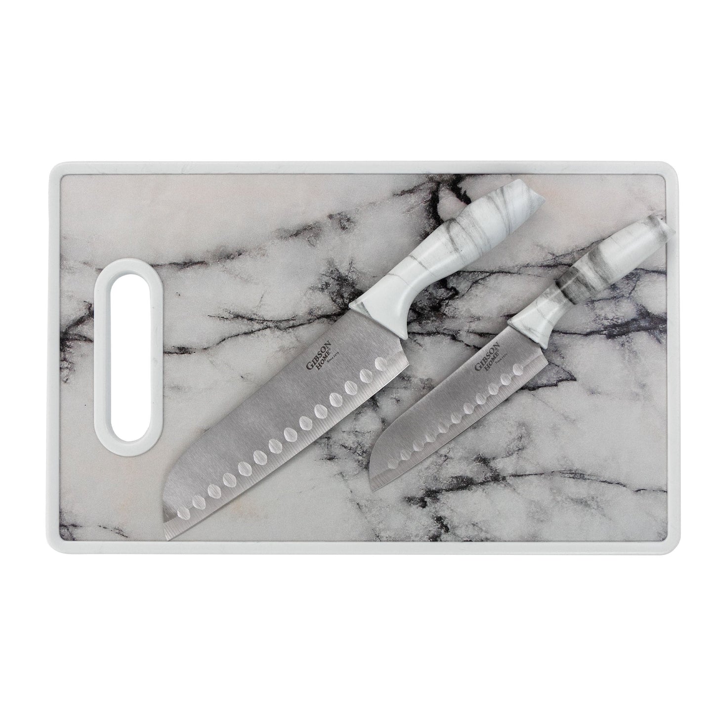Gibson Home Beaumont 3 Piece Stainless Steel Santoku Knife Set with Cutting Board in White Marble W2B