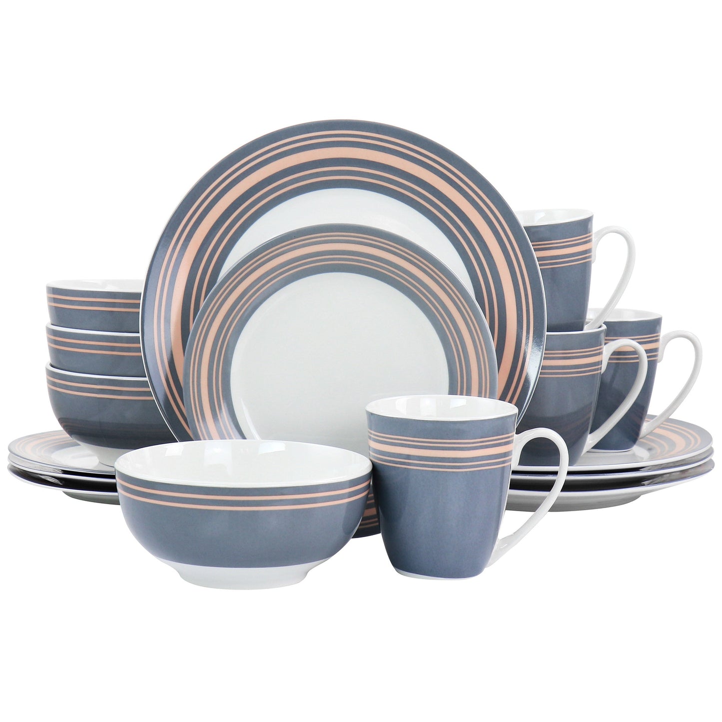 Gibson Home Silver Wind 16 Piece Fine Ceramic Dinnerware Set in Grey and Pink W2B