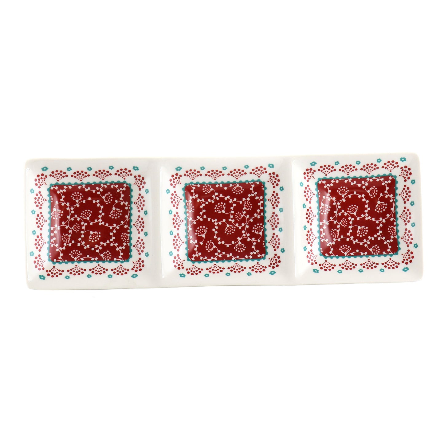 Gibson Home Village Vines 13.5 Inch Ceramic Rectangular 3 Section Tray in Red W2B