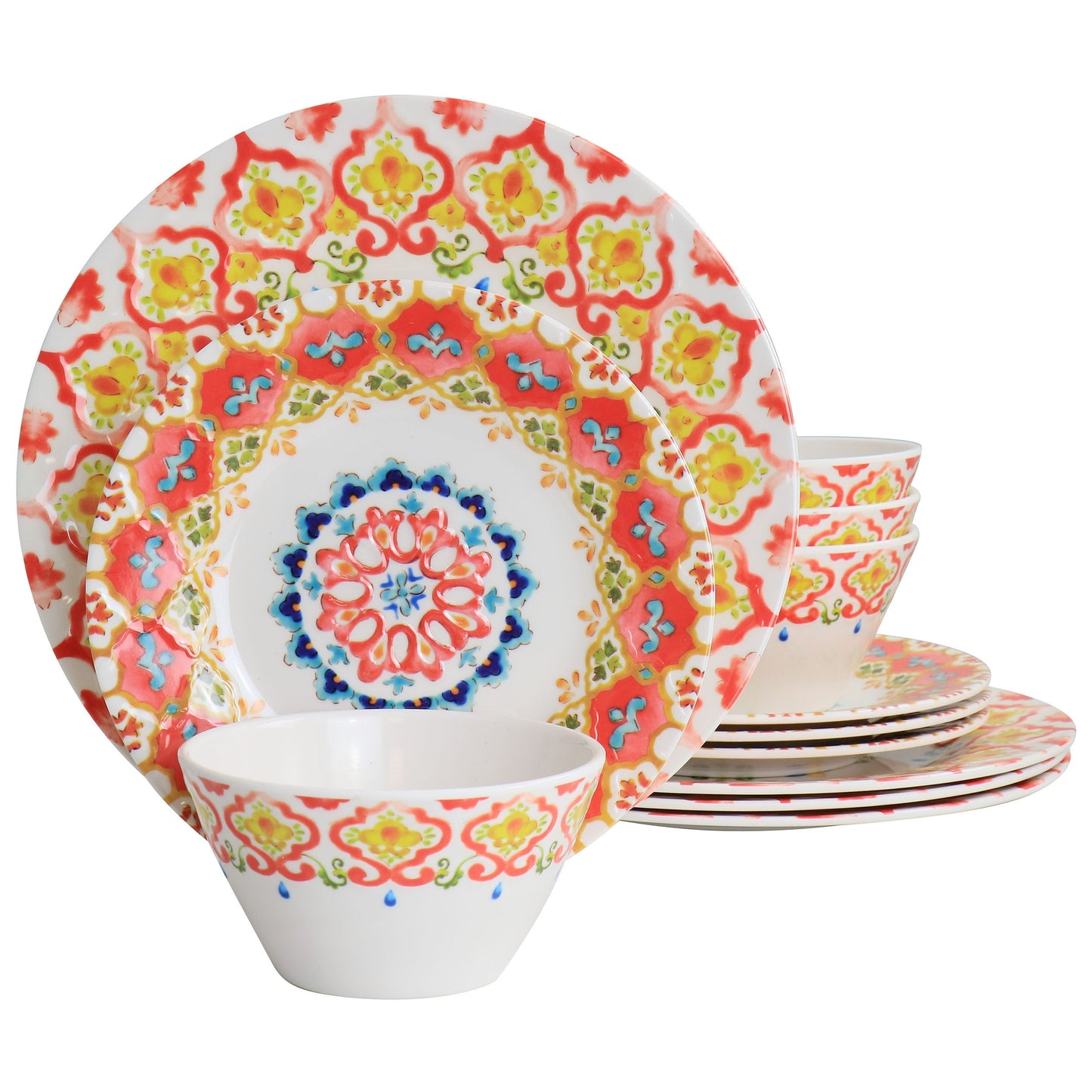Laurie Gates California Designs Tamayo 12 Piece Melamine Dinnerware Set in Multi-Color W2B