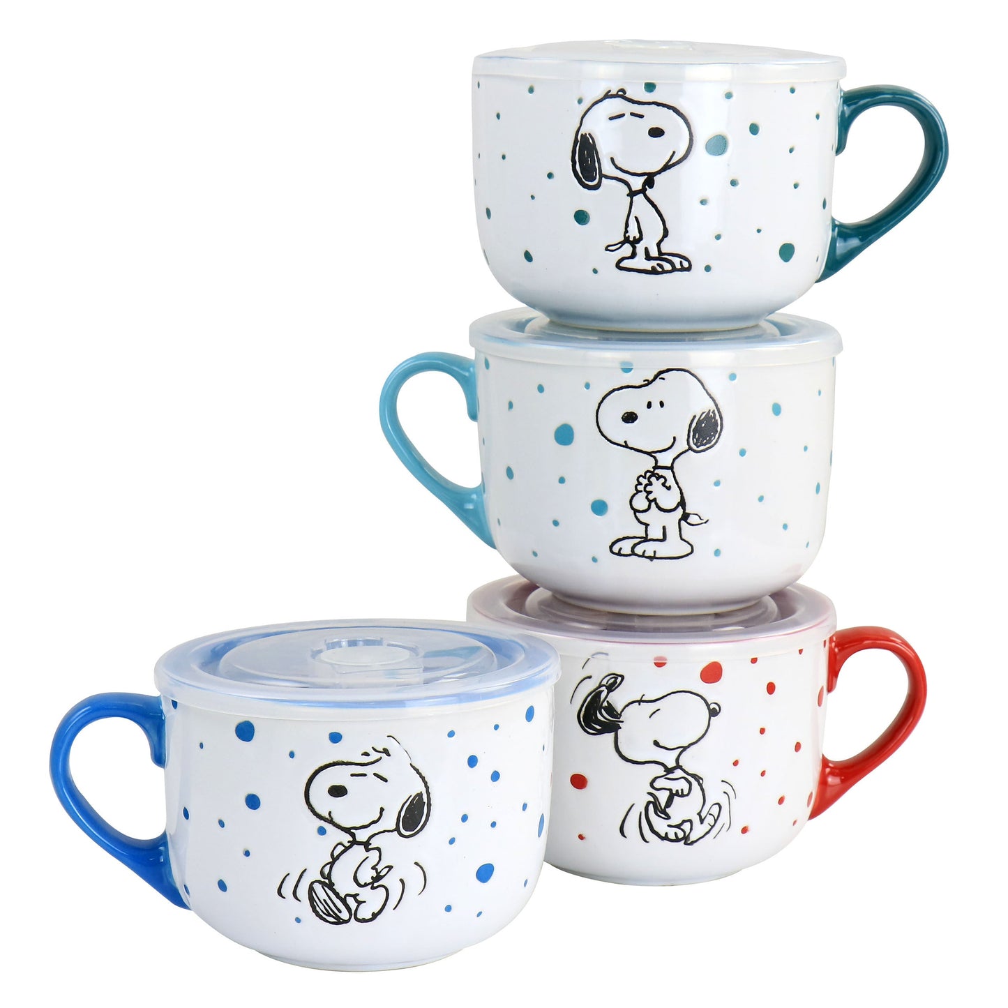 Peanuts Freckled Joy 25oz Stoneware 4 Piece Soup Cup and Lid Set in Assorted Designs W2B