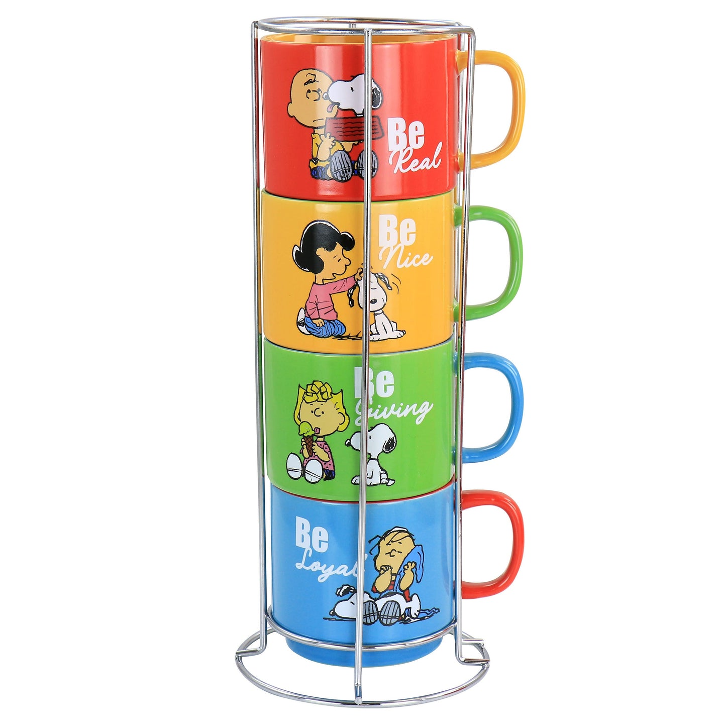 Gibson Peanuts Classic Gentle Reminders Collection 4 Piece Stoneware Stackable Mug Set with Metal Stand in Assorted Colors W2B