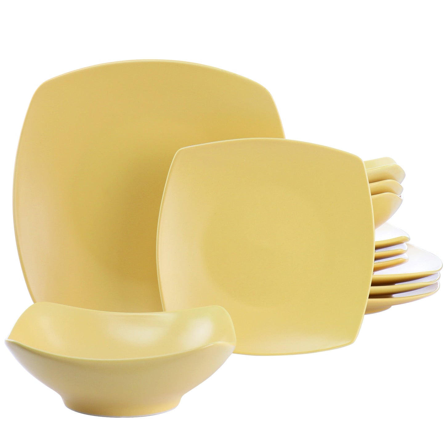 Gibson Home Zen Buffetware 12 Piece Square Fine Ceramic Dinnerware Set in Matte Yellow W2B