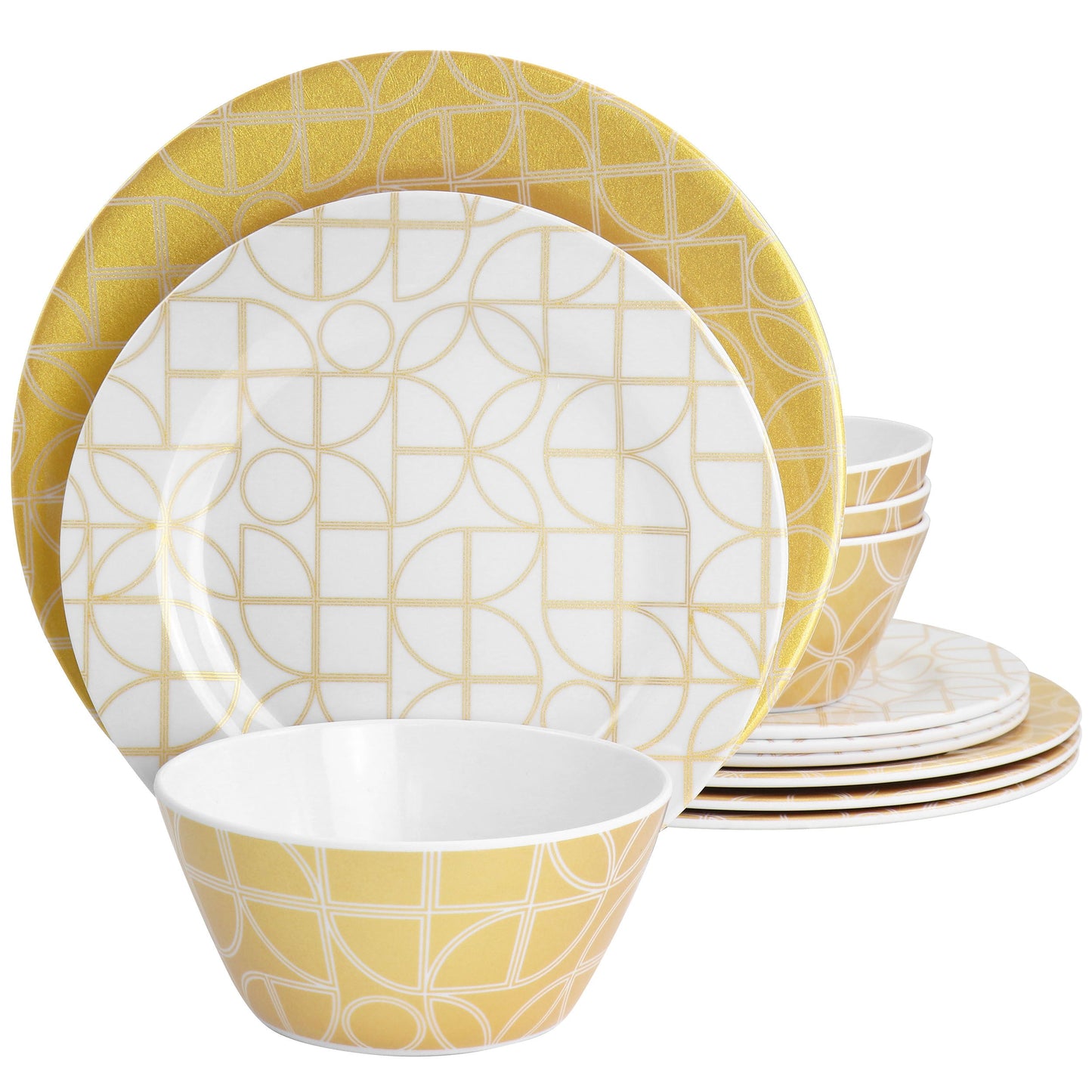 Laurie Gates California Designs Summer Bloom 12 Piece Melamine Dinnerware Set in Gold W2B