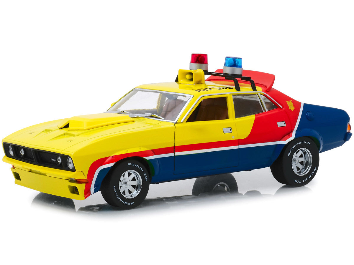 1974 Ford Falcon XB 4-Door Sedan RHD (Right Hand Drive) Yellow and Blue with Red Stripes "MFP 508" "First of the V8 Interceptors" (1979) Movie 1/18 Diecast Model Car by Greenlight Greenlight