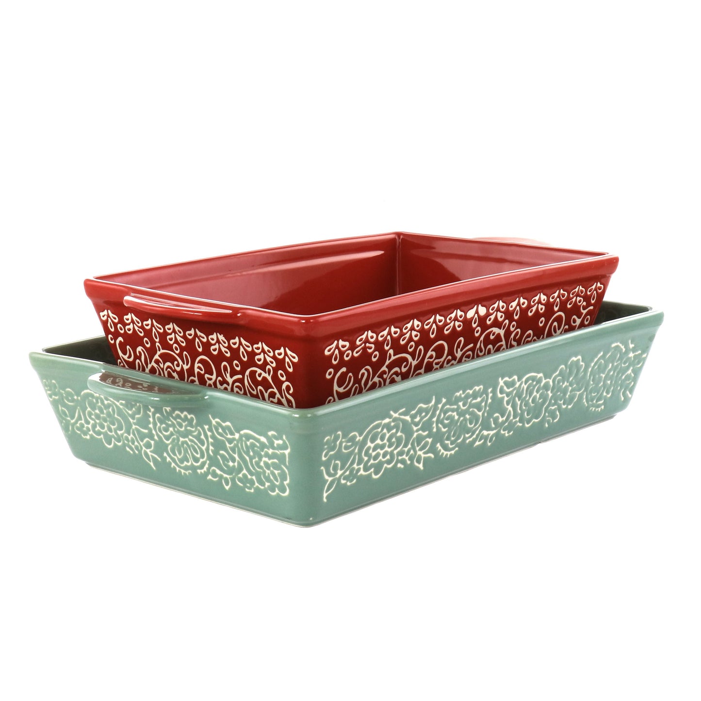 Laurie Gates 2 Piece Tierra Wax Relief Stoneware Baker Set in Red and Mint W2B