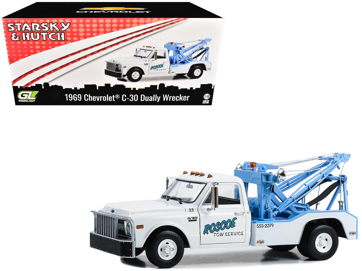 1969 Chevrolet C-30 Dually Wrecker Tow Truck "Roscoe Tow Service" White "Starsky and Hutch" (1975-1979) TV Series 1/18 Diecast Model Car by Greenlight Greenlight