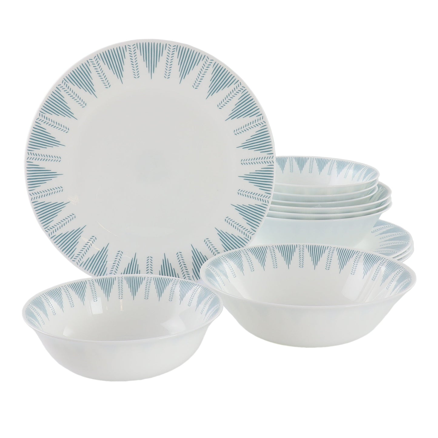 Ultra by Gibson Piper Point 12 Piece Opal Glass Dinnerware Set in White With Blue Accents W2B