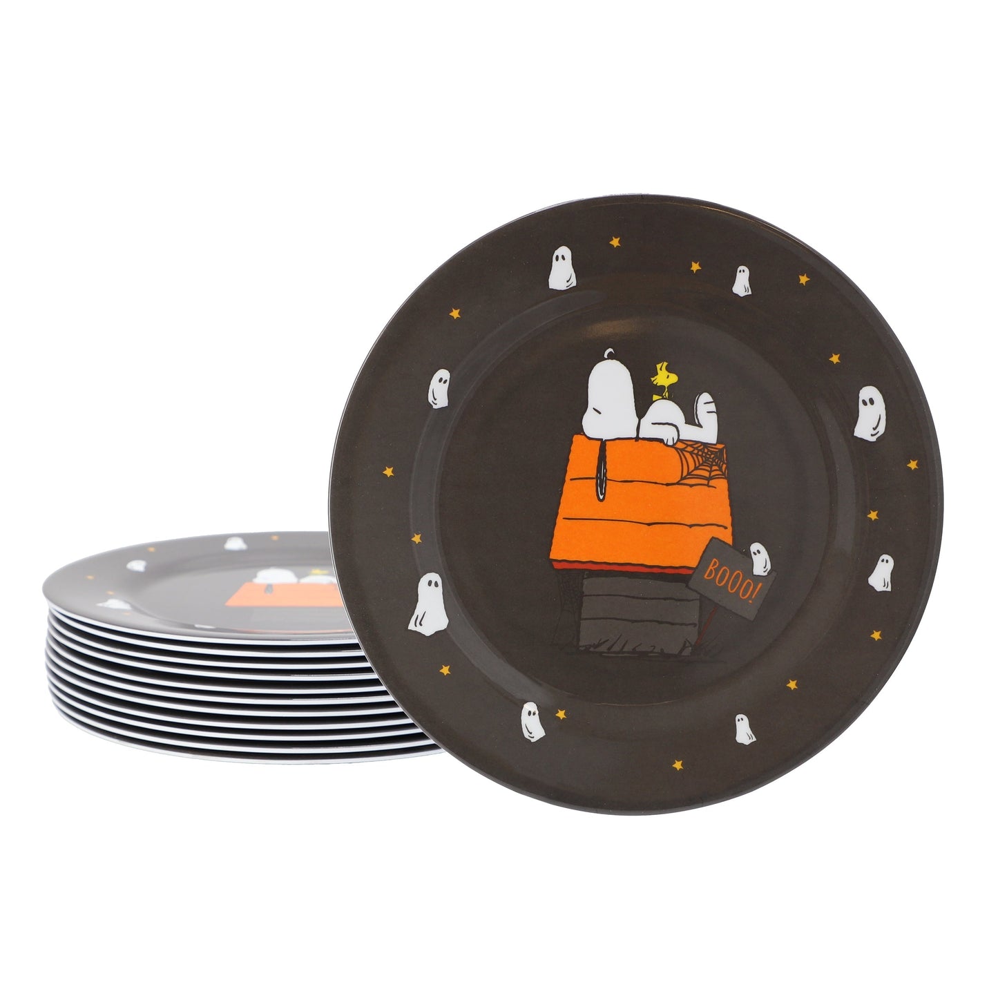 Peanuts Snoopy Pumpkin 12 Piece Melamine 10.5 Inch Dinner Plate Set in Black W2B