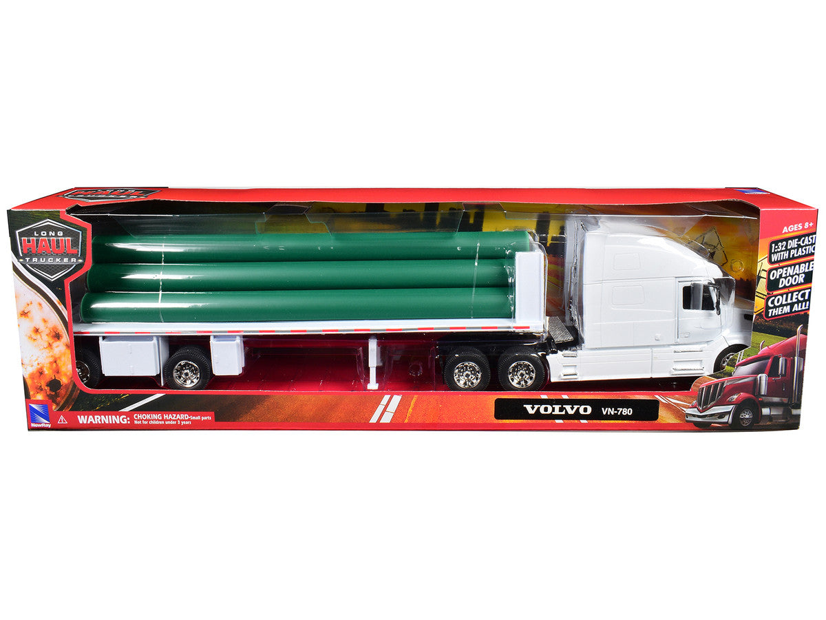 Volvo VN-780 Truck with Flatbed Trailer and Long Pipes White "Long Haul Truckers" Series 1/32 Diecast Model by New Ray New Ray