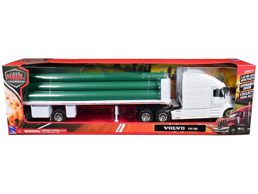 Volvo VN-780 Truck with Flatbed Trailer and Long Pipes White "Long Haul Truckers" Series 1/32 Diecast Model by New Ray W2B