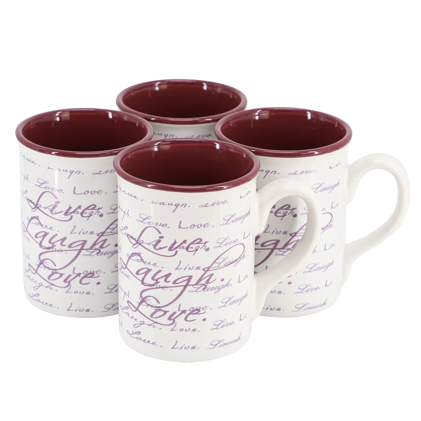Gibson Home Inspirational Words Live, Laugh, Love 4 Piece 16 Ounce Stoneware Mug Set in Purple W2B