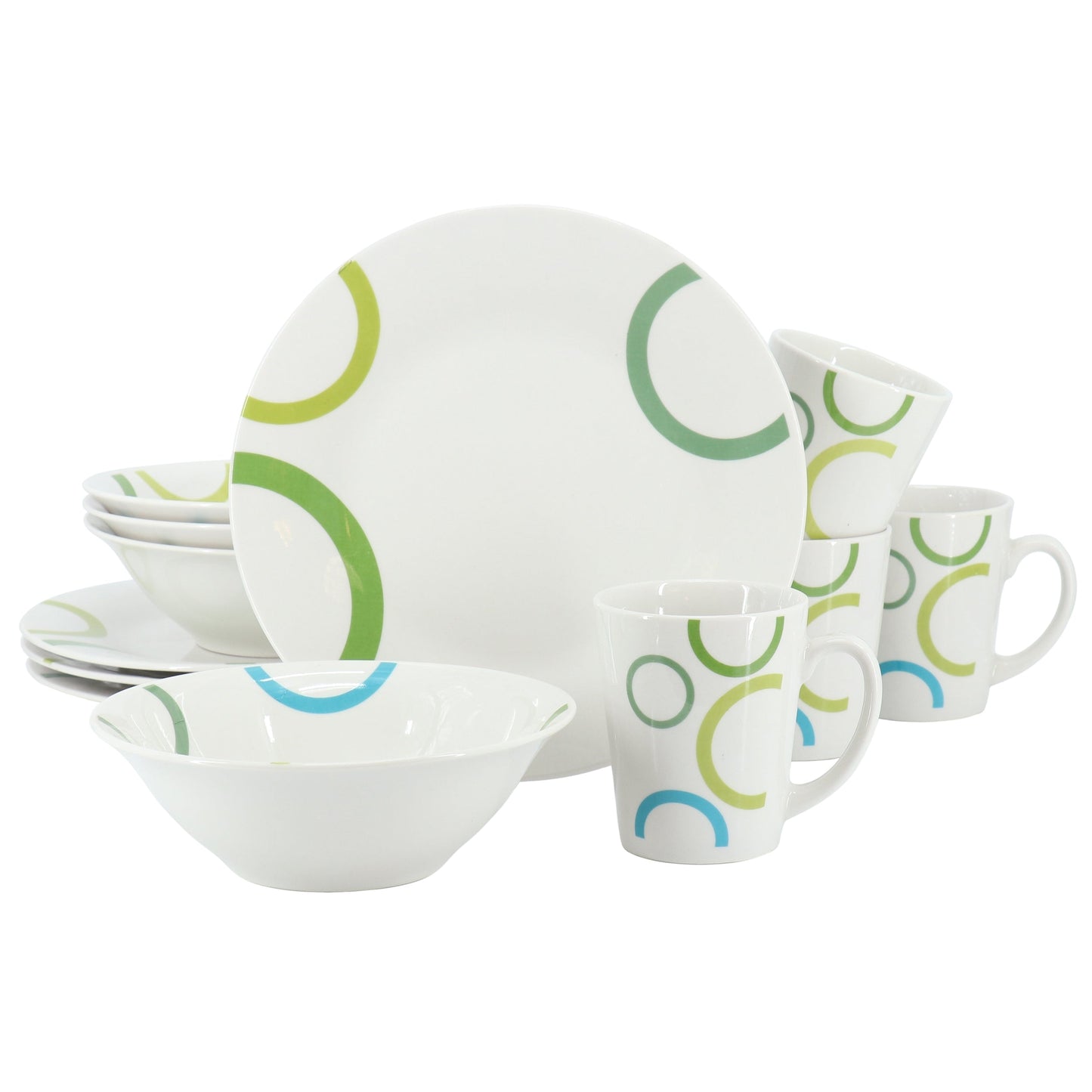 Gibson Home Green Loops 12 Piece Round Fine Ceramic Dinnerware Set in White W2B