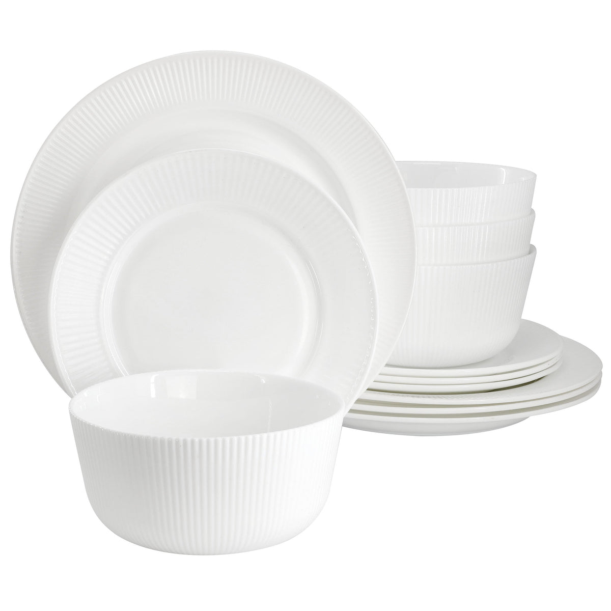 Ultra by Gibson Swanton Stripe 12 Piece Break-Resistant Opal Glass Dinnerware Set in White W2B