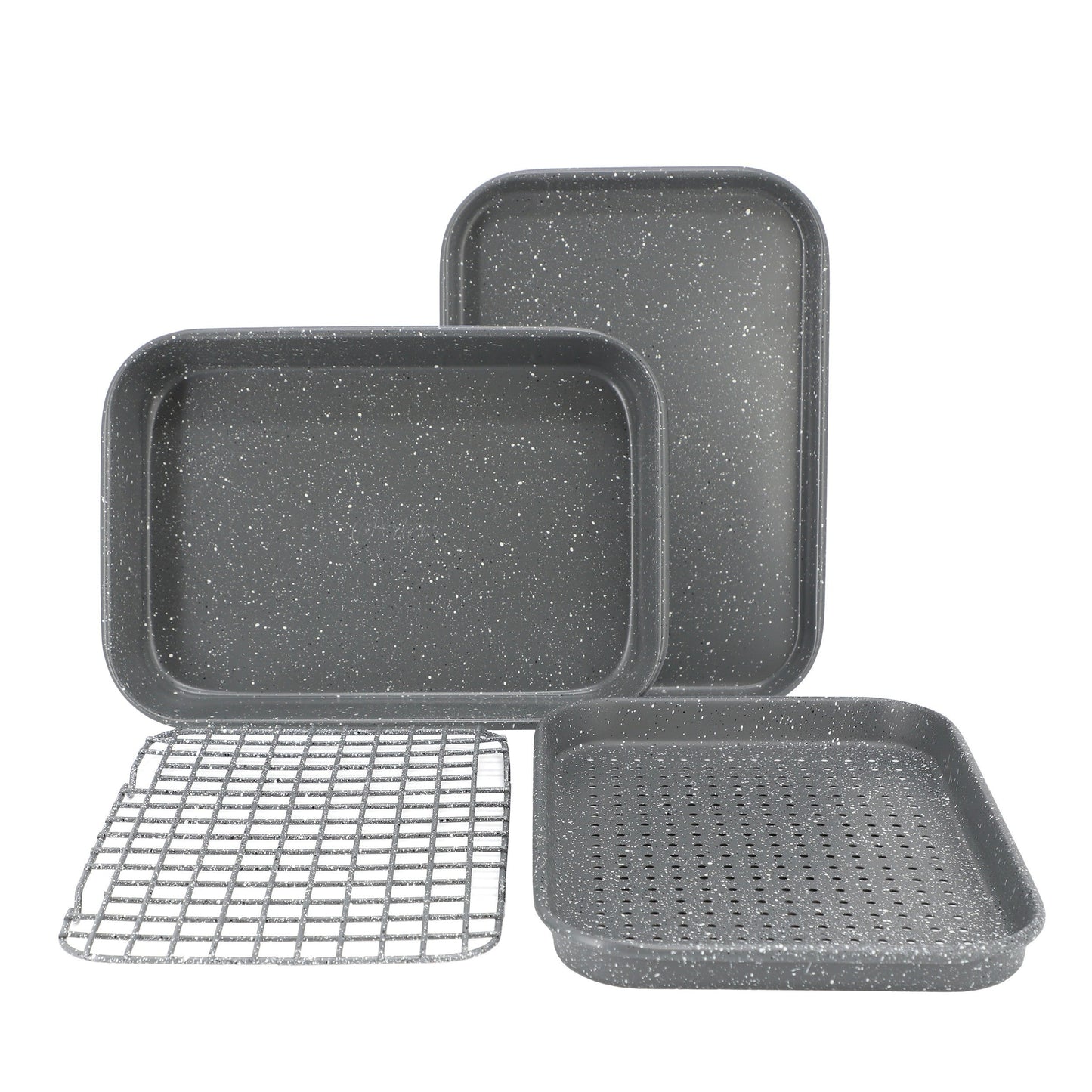Oster Greystone 4 Piece Nonstick Carbon Steel Toaster Oven Bakeware Set in Speckled Grey W2B