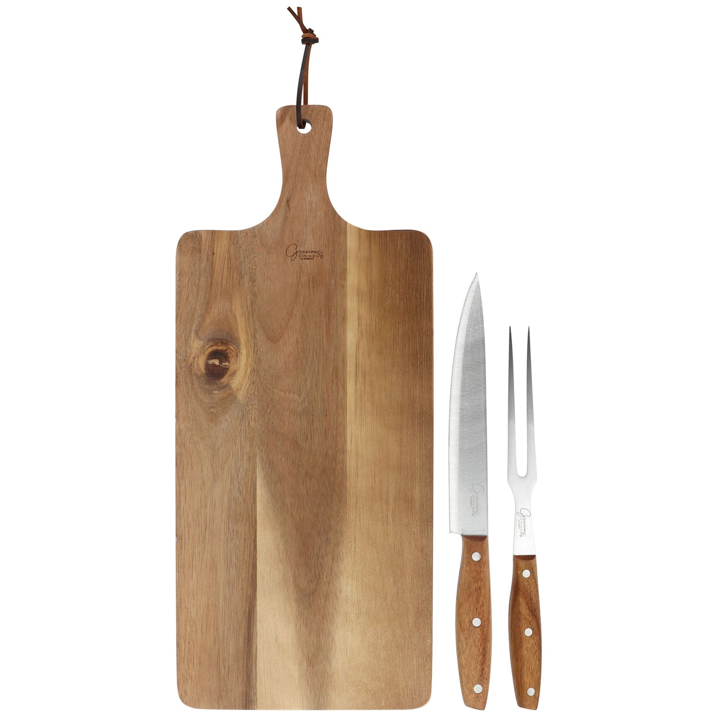 Gibson Elite 3 Piece Acacia Wood Serving Board with Carving Knife and Fork in Brown W2B