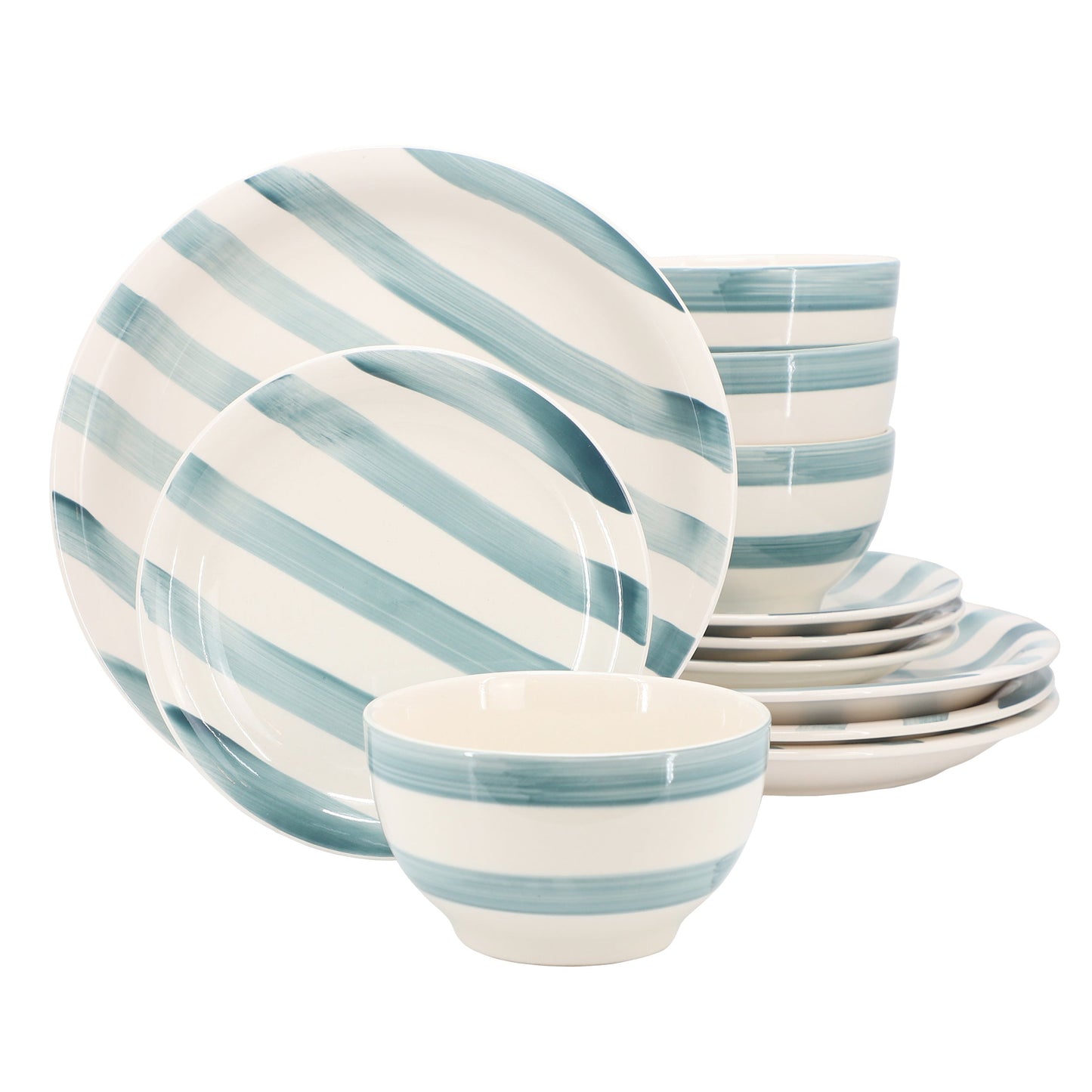 Gibson Home Kenwood Shores 12 Piece Stoneware Dinnerware Set in Blue Stripe W2B
