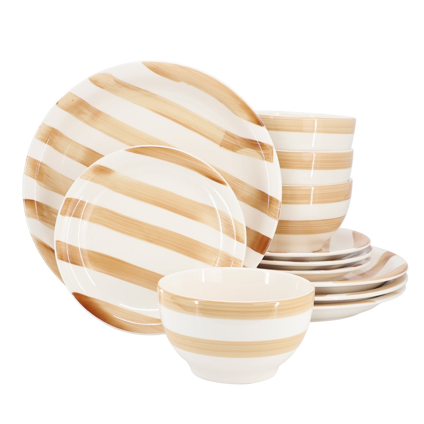 Gibson Home Kenwood Shores 12 Piece Stoneware Dinnerware Set in Sand Stripe W2B