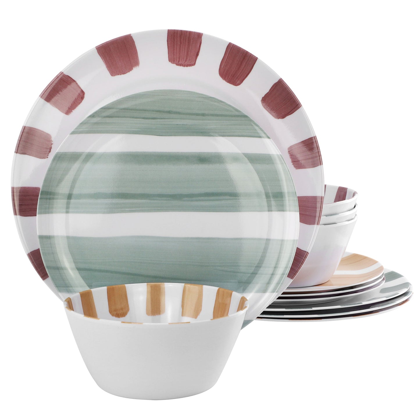 Gibson Home Cottage Stripes 12 Piece Melamine Dinnerware Set in White and Multi W2B