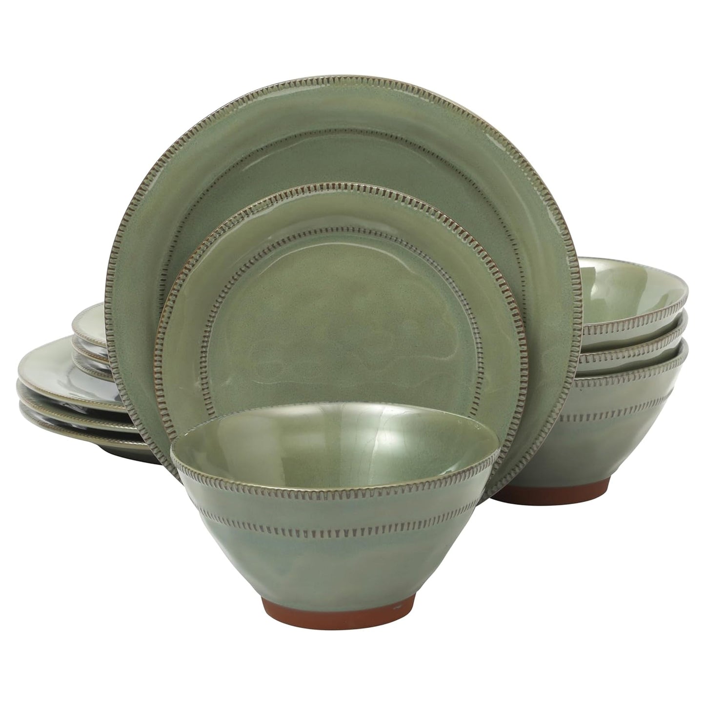 Gibson Elite Terranea 12 Piece Round Terracotta Dinnerware Set in Green W2B