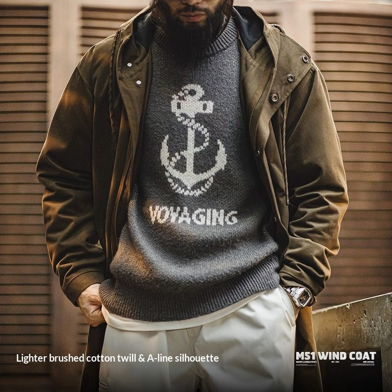 Military Style Brushed Fleece Hooded Windbreaker Loose Pure Cotton Mid-length Coat For Men Autumn Accent Plus