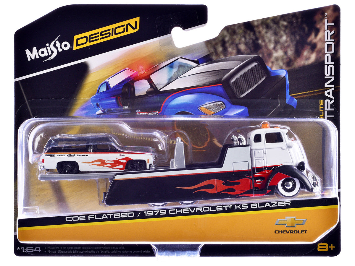 COE Flatbed Truck White and Black with Flame Graphics and 1979 Chevrolet K5 Blazer Black and White with Flame Graphics "Elite Transport" Series 1/64 Diecast Models by Maisto Maisto