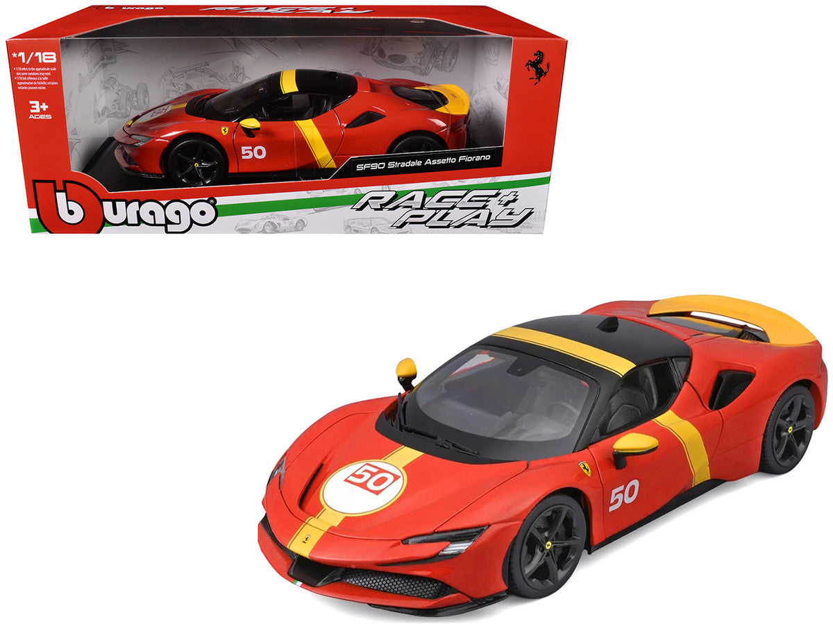 Ferrari SF90 Stradale Assetto Fiorano #50 Red with Black Top and Yellow Stripes "Race + Play" Series 1/18 Diecast Model Car by Bburago Bburago