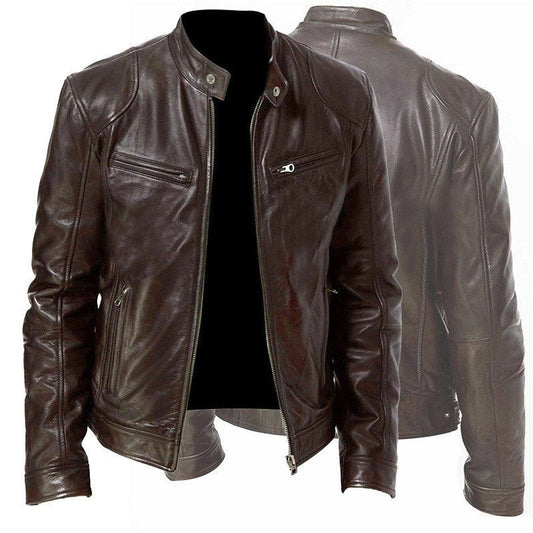 Men's Zip-up Cardigan PU Leather Jacket Fashion Pockets Stand Collar Short Tops Clothing Best YouTube Store
