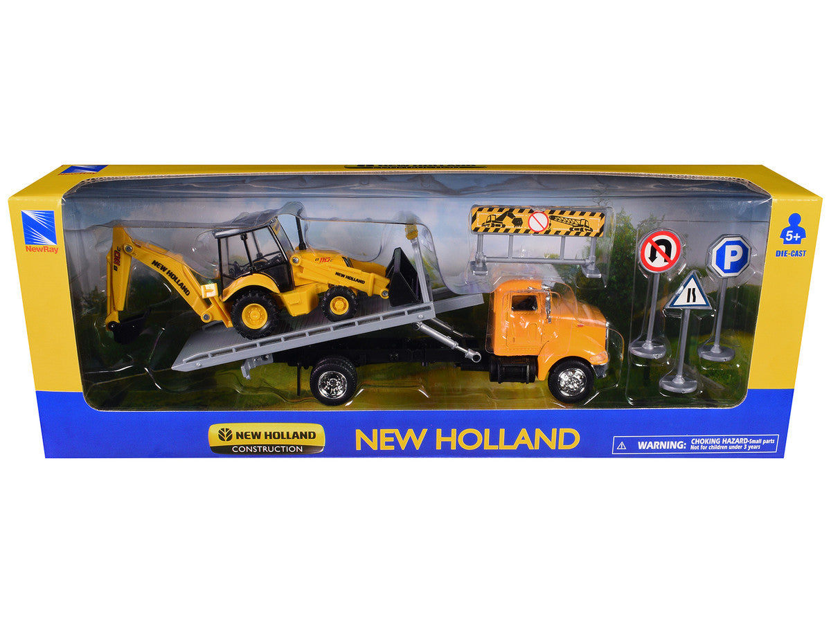 Peterbilt 335 Roll-Off Flatbed Truck and New Holland B110C Backhoe Loader with Street Signs "New Holland Construction" Diecast Models by New Ray New Ray