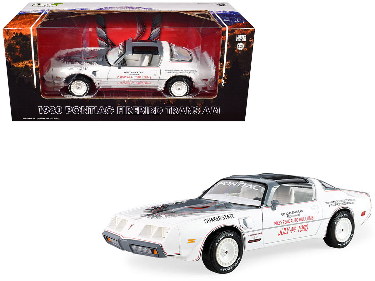 1980 Pontiac Firebird Trans Am T/A "Official Pace Car 58th Annual Pikes Peak Auto Hill Climb" White with Gray Top and Hood Graphics with White Interior 1/24 Diecast Model Car by Greenlight-4