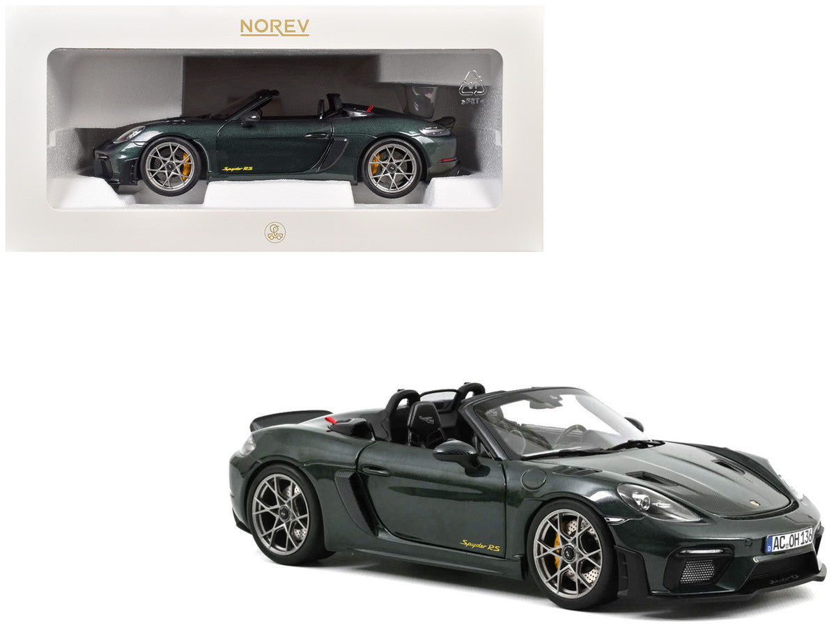 2023 Porsche 718 Spyder RS Weissach Pack Forest Green Metallic with Carbon Hood Stripes 1/18 Diecast Model Car by Norev-4