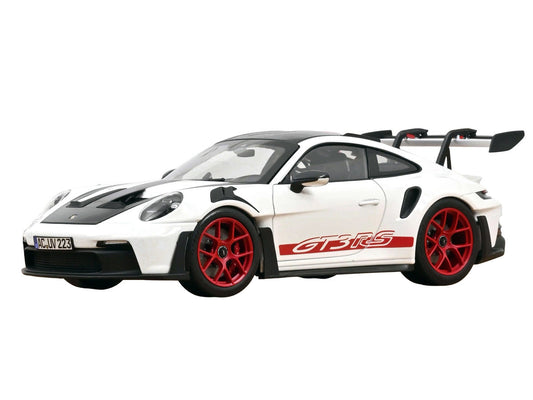 2022 Porsche 911 GT3 RS with Weissach Pack White with Carbon Hood and Top and Pyro Red Stripes and Wheels 1/18 Diecast Model Car by Norev Norev