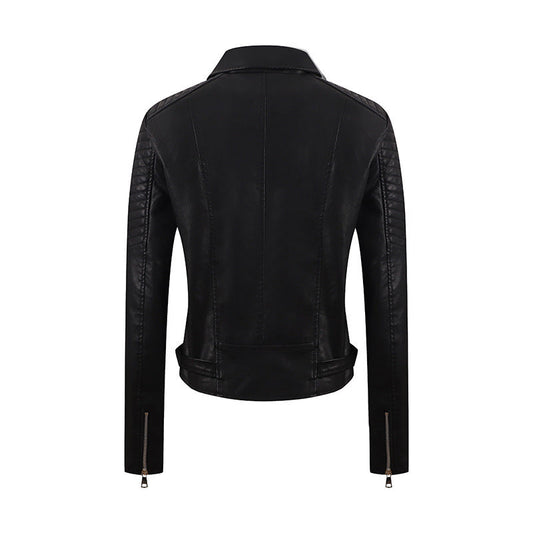 Women's Distressed PU Motorcycle Jacket - Slim Fit Biker Coat with Adjustable Belt (Black/Chocolate/Wine Red/Milky White, M-XXL) LadyShow.Store