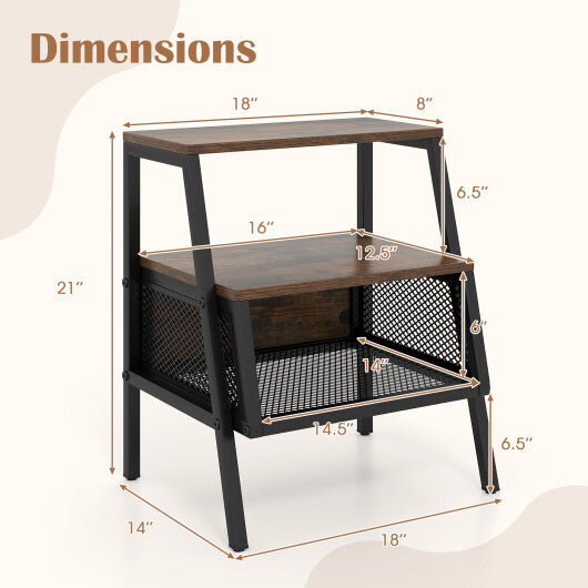 Industrial Nightstand 3-Tier End Table Set of 2 with 2 Open Shelves and Metal Mesh Compartment-Rustic Brown W2B