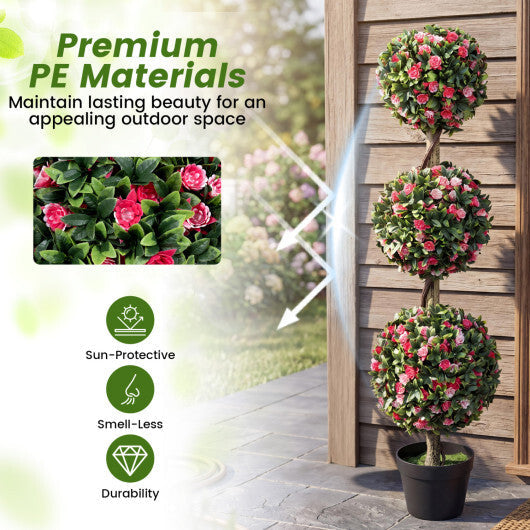 Set of 2 43.5" Artificial Triple Ball Rose Topiary Tree with Lifelike Blooms and Green Leaves W2B