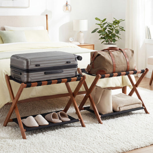 Solid Rubberwood Folding Luggage Rack with Nylon Shelves Set of 2-Brown W2B