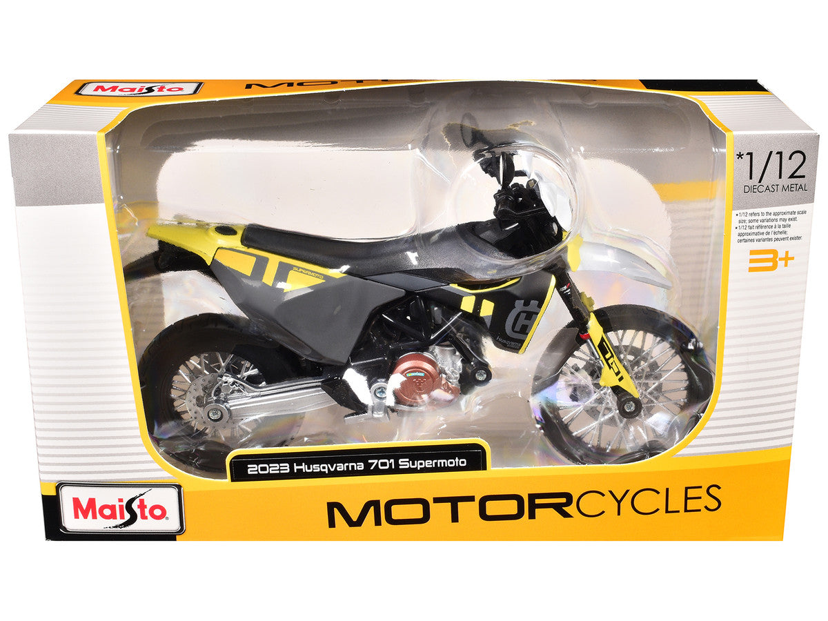 2023 Husqvarna 701 Supermoto Motorcycle Matt Black and Gray with Yellow and White Accents 1/12 Diecast Motorcycle Model by Maisto Maisto