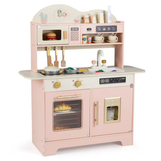 Kids Kitchen Playset with 17 Pcs Accessories and Oven Ice Maker and Stove-Pink W2B