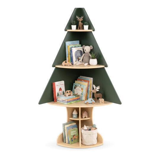 Wooden Montessori Corner Tree Bookshelf with Toy Storage-Green W2B