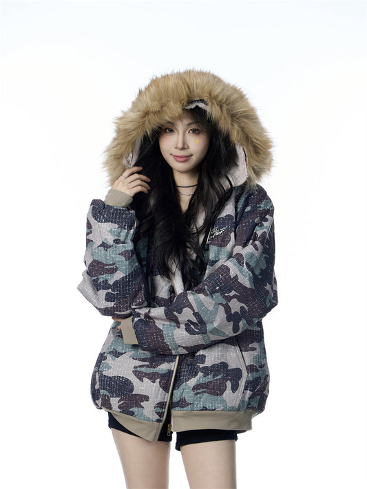 American Vintage Army Green Camouflage Fur Collar Hood Jacket LadyShow.Store