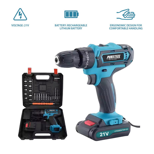 Pursonic 21V Rechargeable Cordless Drill 24 Piece Set – Compact Power for Home & DIY Projects Pursonic